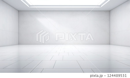 White wall empty apartment room with marble floor and walls. Copy space for product placement. Generative AI 124489531