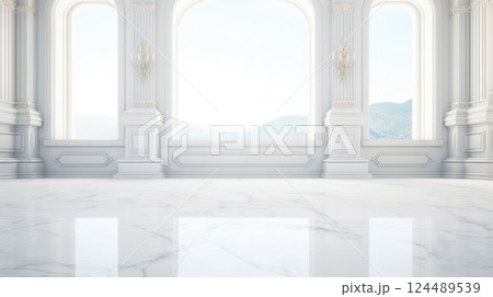 White wall empty apartment room with marble floor and walls. Copy space for product placement. Generative AI 124489539