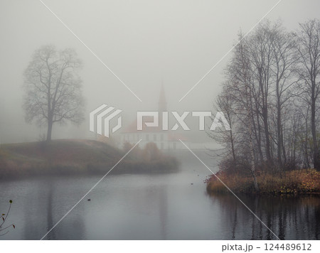 Morning mystical fog before dawn Morning mystical fog before dawn 124489612