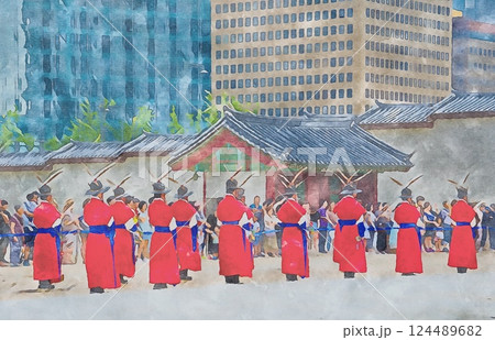 ソウルにある景福宮の光化門前で行われているスムングン(守門軍)の儀式（オリジナル画像からAIi加工） 124489682