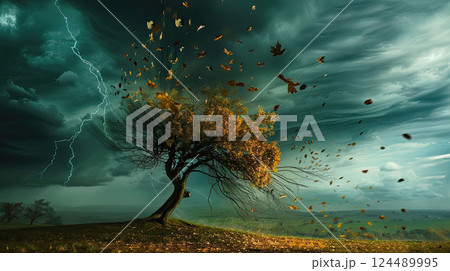 Tree bending in strong wind, dark stormy sky and leaves flying in the air. High-speed photography 124489995