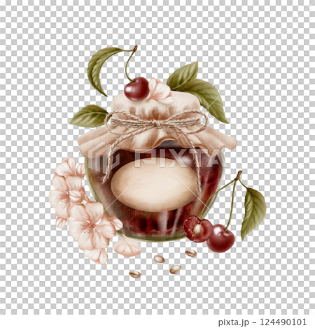 Cherry jam in glass jar covered fabric lid with twine bow watercolor illustration isolated on white.Marmelade jar empty label,cherries,flowers leaves with pits hand drawn vintage style 124490101