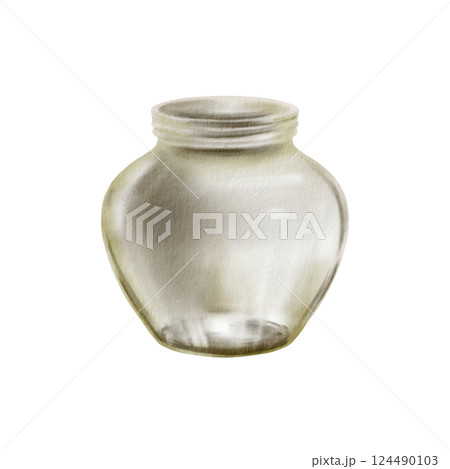Empty low round glass clear jar without lid green shade watercolor isolated illustration. Jar for preserving fruits and vegetables in summer.Minimalist container for homemade jam, honey, or spices Empty low round glass clear jar without lid green shade watercolor isolated illustration. Jar for preserving fruits and vegetables in summer.Minimalist container for homemade jam, honey, or spices 124490103