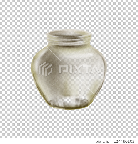 Empty low round glass clear jar without lid green shade watercolor isolated illustration. Jar for preserving fruits and vegetables in summer.Minimalist container for homemade jam, honey, or spices Empty low round glass clear jar without lid green shade watercolor isolated illustration. Jar for preserving fruits and vegetables in summer.Minimalist container for homemade jam, honey, or spices 124490103
