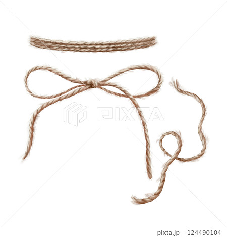 Rope twisted in bow, cut off and wrapped around a circular shape.Hand drawn watercolor illustration isolated on white. Marine cord or string of hemp. Fiber of burlap. Nautical vintage style clipart Rope twisted in bow, cut off and wrapped around a circular shape.Hand drawn watercolor illustration isolated on white. Marine cord or string of hemp. Fiber of burlap. Nautical vintage style clipart 124490104