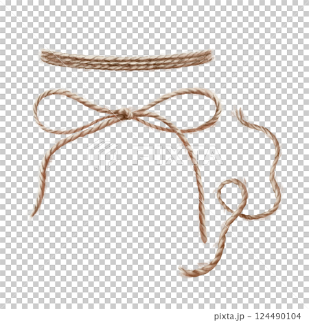 Rope twisted in bow, cut off and wrapped around a circular shape.Hand drawn watercolor illustration isolated on white. Marine cord or string of hemp. Fiber of burlap. Nautical vintage style clipart Rope twisted in bow, cut off and wrapped around a circular shape.Hand drawn watercolor illustration isolated on white. Marine cord or string of hemp. Fiber of burlap. Nautical vintage style clipart 124490104