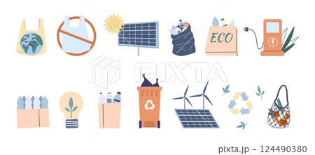 Zero waste and eco friendly elements. Isolated plastic bag, reusable shopping bags, garbage container solar panels and windmills. Flat vector icons 124490380