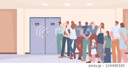 Waiting line at toilet. Men women and children stand in queue in hygiene room. Wait WC in office center, mall or public building, vector scene Waiting line at toilet. Men women and children stand in queue in hygiene room. Wait WC in office center, mall or public building, vector scene 124490385