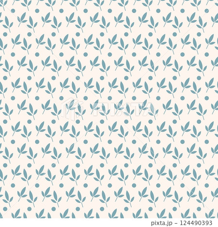 Leaves and dots simple seamless pattern. Decorative print for fabric wallpaper wrapping. Organic green leaf, eco friendly, nature vector background 124490393