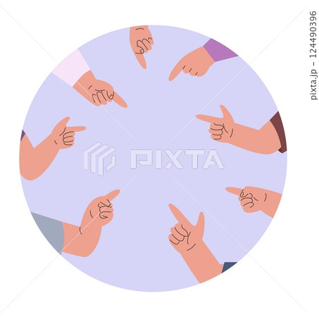 Human hands pointing in empty center. Circle banner with people arms, point on something. Template for ad, education medical poster, vector element Human hands pointing in empty center. Circle banner with people arms, point on something. Template for ad, education medical poster, vector element 124490396