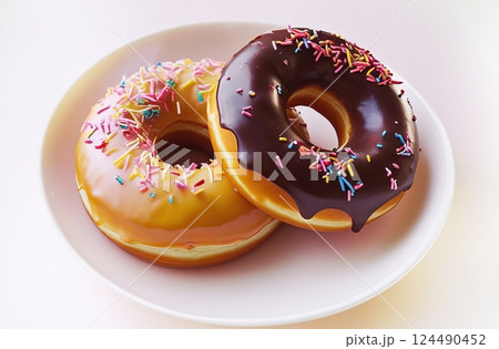 Two doughnuts with coffee and chocolate glaze on a plate 124490452