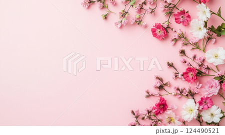 ピンクの背景に並ぶカーネーションや花々とつぼみ 124490521