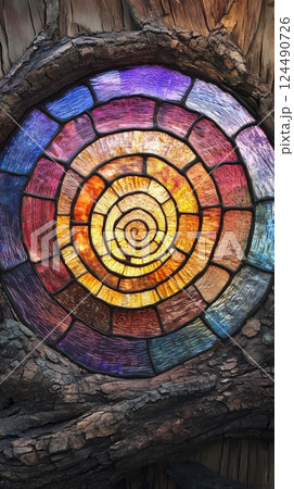 Colorful stained glass spiral window in rustic wooden frame, artistic design concept 124490726
