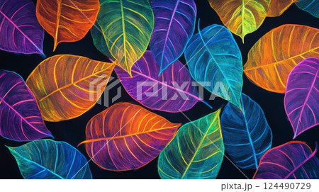 Colorful tropical leaves in vibrant neon hues, abstract art. Botanical design and creative concept 124490729