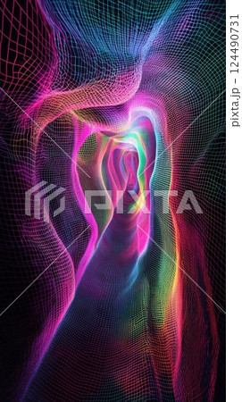 Abstract neon tunnel with vibrant colors and digital mesh, futuristic design concept 124490731