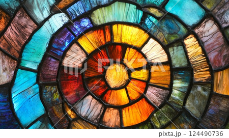 Stained glass spiral pattern with vibrant colors, artistic composition. Creativity and design concept 124490736