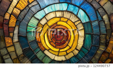 Colorful stained glass spiral pattern with vibrant hues, abstract art concept 124490737