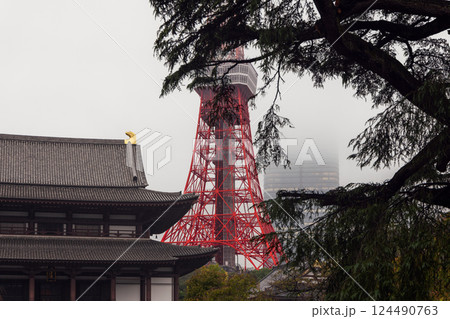 Tokyo Tower rises through mist behind Zojo-ji temple while tree branches frame the scene 124490763