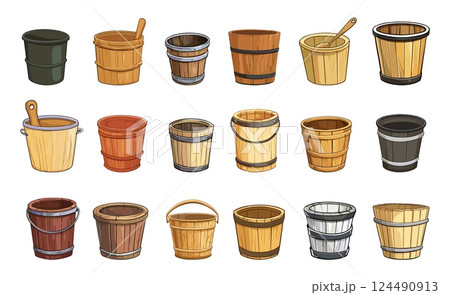 Wooden isolated buckets. Cartoon bucket for garden works, planting, decoration. Sauna, village spa or wellness center tools. Vintage vector elements 124490913