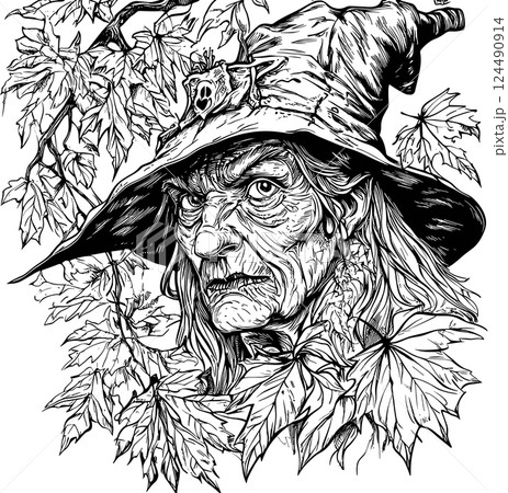 Witch in leaves coloring book page for adults. Sketch old sorceress in hat, maple leaf. Halloween doodle illustration, magical character vector background 124490914