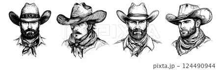 Male cowboy portraits. Sketch cowboys in hats, isolated hand drawn men faces with beards. Wild west strong guys characters, vector set 124490944