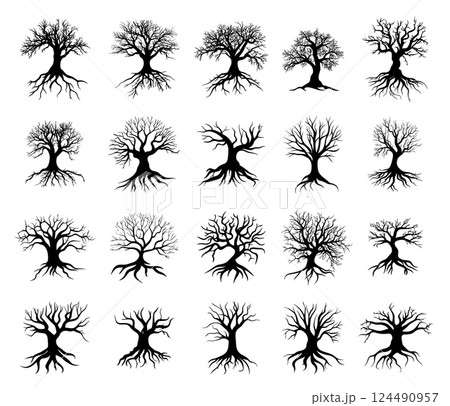 Dry tree black silhouettes. Bare trees with root system isolated on white. Halloween autumn nature elements, seasonal forest vector clipart 124490957