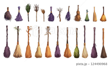 Cartoon witch brooms. Isolated fantasy broom for magic world, witches magicians. Dry branches, home cleaning elements, vector clipart 124490968
