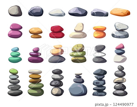 Balanced stones set. Different stone piles, stacks. Elements for spa, relax meditation zone. Decorative asian massage tools. Cartoon isolated vector clipart 124490977