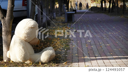 Kyiv, Ukraine March 11, 2022: A large teddy bear thrown into the garbage sitting near a dumpster Kyiv, Ukraine March 11, 2022: A large teddy bear thrown into the garbage sitting near a dumpster 124491057