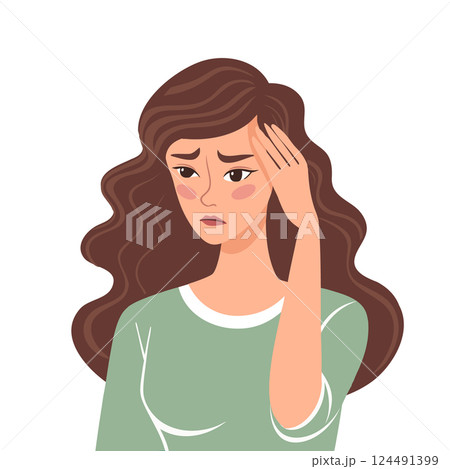 Young woman suffering from headache, migraine, stress. Flat style illustration. 124491399