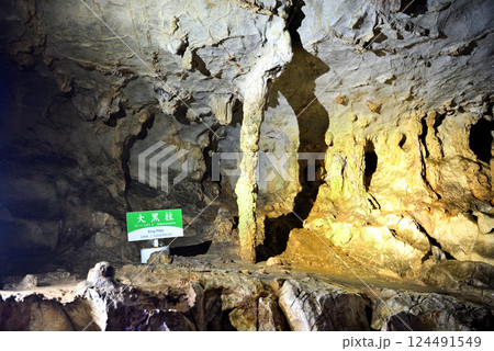 中国地方・秋吉台・秋芳洞・ライオン岩の隣、通路のすぐ脇にある石筍、大黒柱・山口県美弥市 中国地方・秋吉台・秋芳洞・ライオン岩の隣、通路のすぐ脇にある石筍、大黒柱・山口県美弥市 124491549