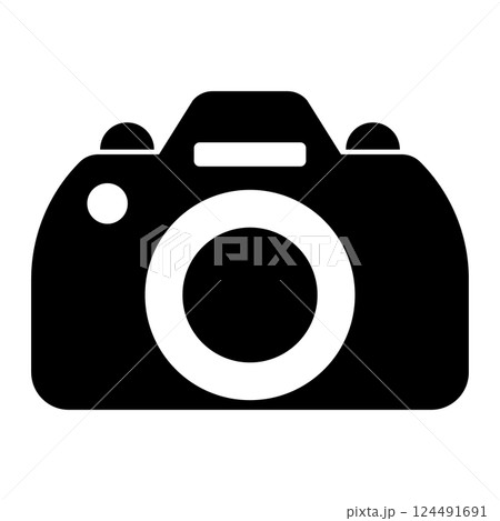 白黒のシンプルでフラットなカメラアイコン　白背景 124491691