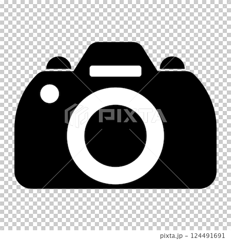 白黒のシンプルでフラットなカメラアイコン　白背景 124491691