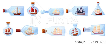 Sailboats in bottles. Vintage wooden ships inside glass bottle. Miniature models of vessels for interior, souvenir or decorations nowaday vector set Sailboats in bottles. Vintage wooden ships inside glass bottle. Miniature models of vessels for interior, souvenir or decorations nowaday vector set 124491692