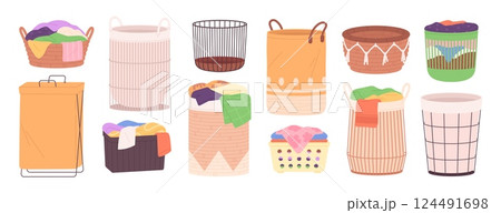 Cartoon baskets for laundry. Empty and full basket, fabric, plastic, woven rattan and rope containers for bathroom. Home bins for dirty clothes, racy vector set Cartoon baskets for laundry. Empty and full basket, fabric, plastic, woven rattan and rope containers for bathroom. Home bins for dirty clothes, racy vector set 124491698