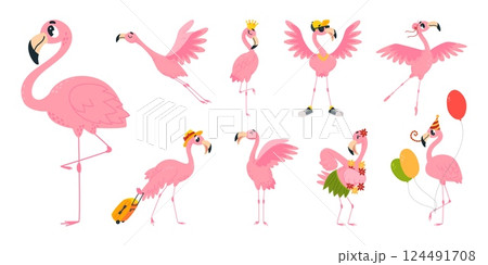 Cute pink flamingo. Summer funny flamingos, exotic birds in different poses. Tropical bird with suitcase, with balloons, dancing and flying, classy vector characters Cute pink flamingo. Summer funny flamingos, exotic birds in different poses. Tropical bird with suitcase, with balloons, dancing and flying, classy vector characters 124491708