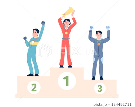 Racer winner podium. Racing drivers with golden cup and medals. Happy sportsmen, win award ceremony. Sport competition winners, recent vector scene Racer winner podium. Racing drivers with golden cup and medals. Happy sportsmen, win award ceremony. Sport competition winners, recent vector scene 124491711