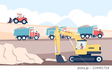Equipment and heavy vehicle in quarry. Mining transport with drivers, bulldozer and trucks. Sand pit, professional workers in uniform, recent vector scene 124491728