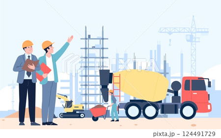 Construction ground. Architects and builder, flat spesial transport. Build work on buildings, new district or town. Working process recent vector scene 124491729
