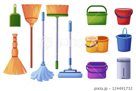 Cartoon buckets and brooms. Broom, mop, dustpan, plastic bucket with water for cleaning. Household isolated equipment symbols, nowaday vector set 124491732