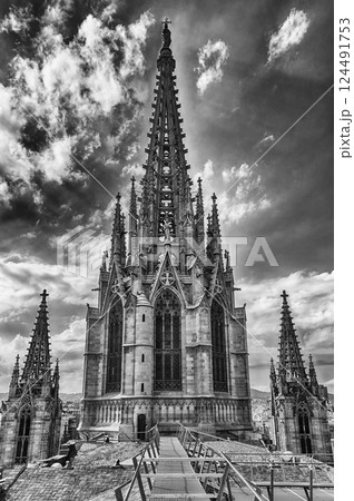 Main tower of the Barcelona Cathedral, Catalonia, Spain 124491753
