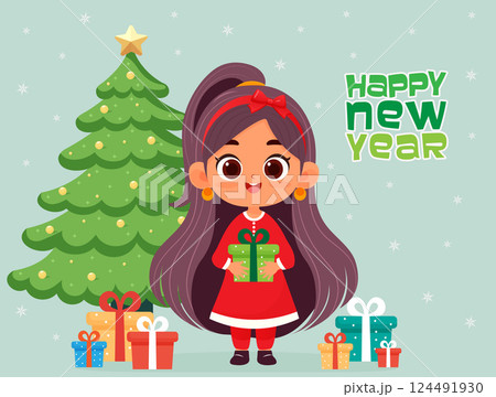 happy new year postcard with christmas tree and cute girl with presents flat vector illustration 124491930
