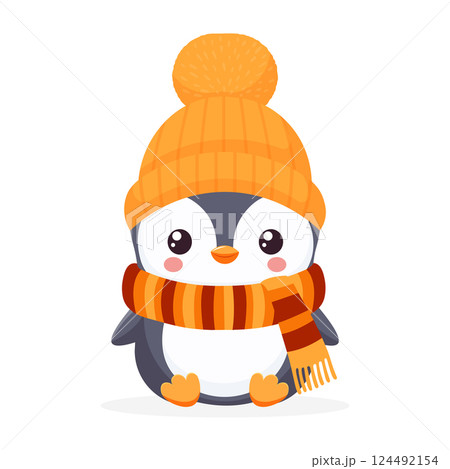 cute baby penguin in autumn scarf and cap isolated on white background flat illustration 124492154