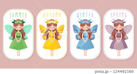 set of fairy stickers of different seasons of the year flat illustration 124492160