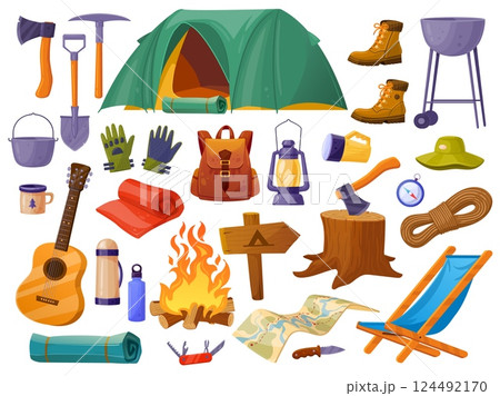 Cartoon hiking gear. Camping equipment, tourist adventure hike items survival tool travel outdoor vacation trip scout kit backpack tent map lantern, set tidy vector illustration 124492170