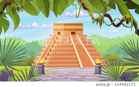 Mayan pyramid. Aztec temple ruins in jungle, chichen itza mexico ancient world monument maya civilization destination mexico peru stone pyramids, cartoon swanky vector illustration 124492171
