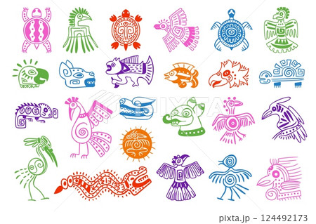 Maya animal symbols. Mayan aztec inca mythology animals totem hieroglyphs, ancient peru indian tribal tattoo ethnic mexican culture sign eagle bird, swanky vector illustration Maya animal symbols. Mayan aztec inca mythology animals totem hieroglyphs, ancient peru indian tribal tattoo ethnic mexican culture sign eagle bird, swanky vector illustration 124492173