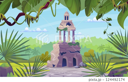 Jungle ruins. Ancient stone building ruin lost civilization in forest nature, old aztec temple maya altar or roman monument adventure game background, swanky vector illustration 124492174