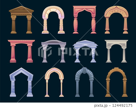 Cartoon ancient arches. Stone archway, arch entrance gate in roman palace or greek castle temple antique architecture with column portal gates frame, swanky vector illustration Cartoon ancient arches. Stone archway, arch entrance gate in roman palace or greek castle temple antique architecture with column portal gates frame, swanky vector illustration 124492175