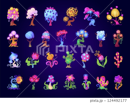 Cartoon magic trees. Fantasy alien forest psychedelic tree luminous mushroom, fairy tale plant mysterious unusual flowers violet plants fantastic game, swanky vector illustration Cartoon magic trees. Fantasy alien forest psychedelic tree luminous mushroom, fairy tale plant mysterious unusual flowers violet plants fantastic game, swanky vector illustration 124492177